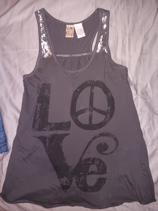 Billabong Tops - Billabong Gray Tank Top with 'LOVE' Peace Graphic and Sequin Straps